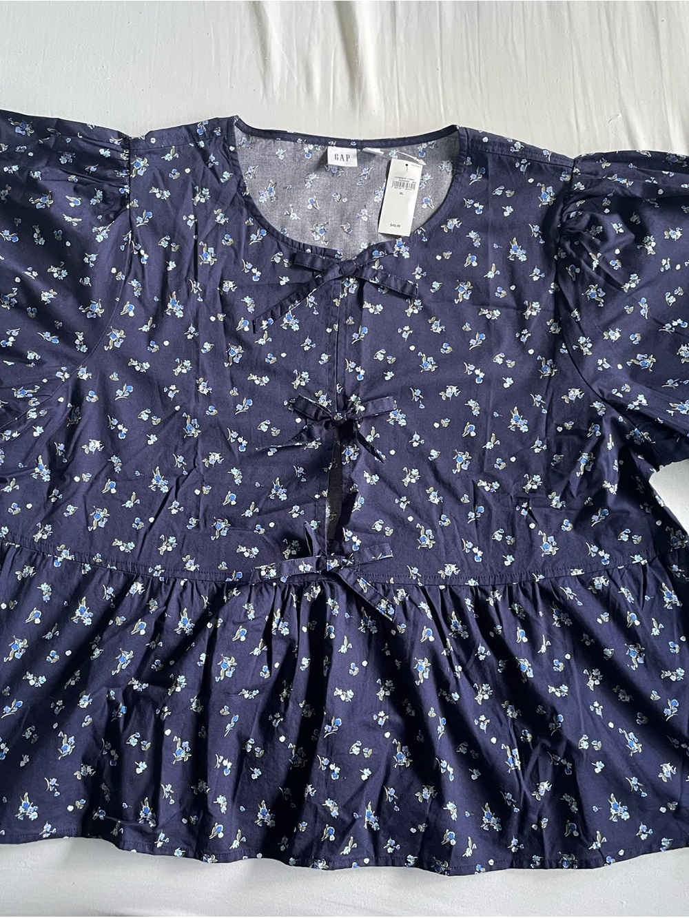 Gap Women’s Floral Puff-Sleeve Peplum Top, Size XL, Navy, NWT